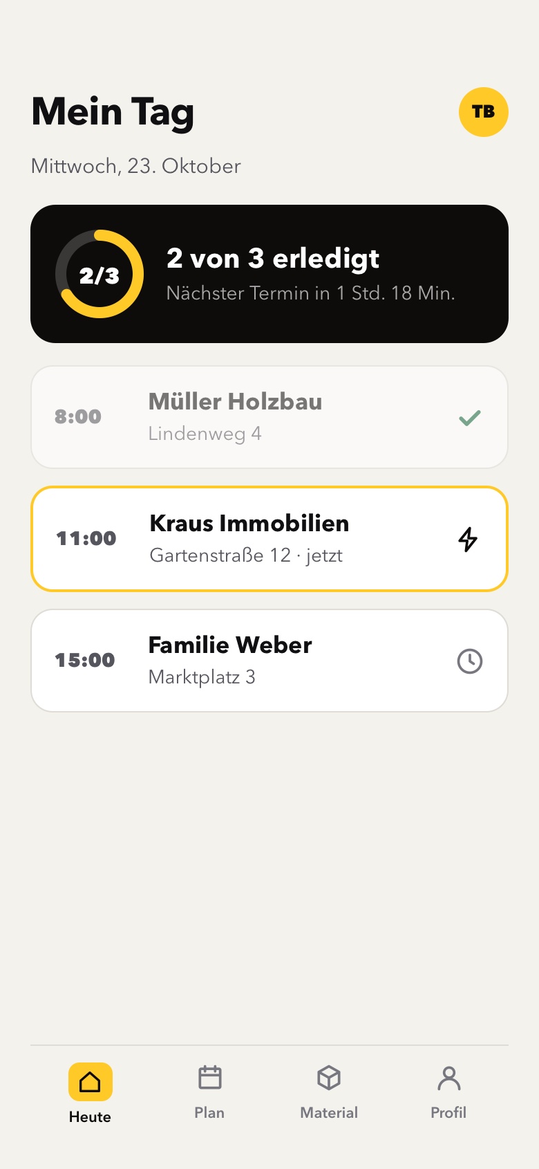 Beispiel: dieselbe Software am Handy, Tagesliste eines Monteurs